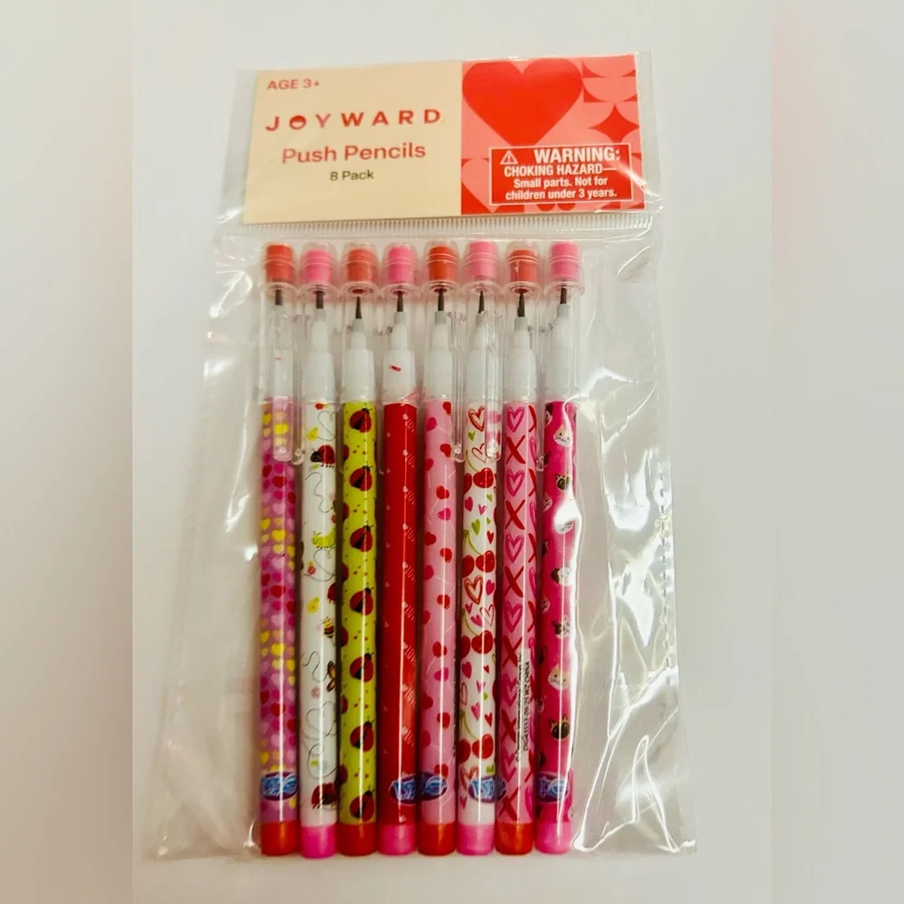 New Joyward Push Pencils 8 Pack Erasers Red White Pink Hearts Ladybugs